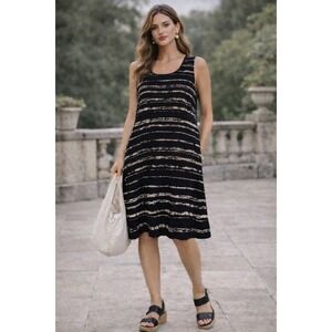 Habitat Black Sand Stripe Shift Tank Dress M Lagenlook Minimalist Avant Garde